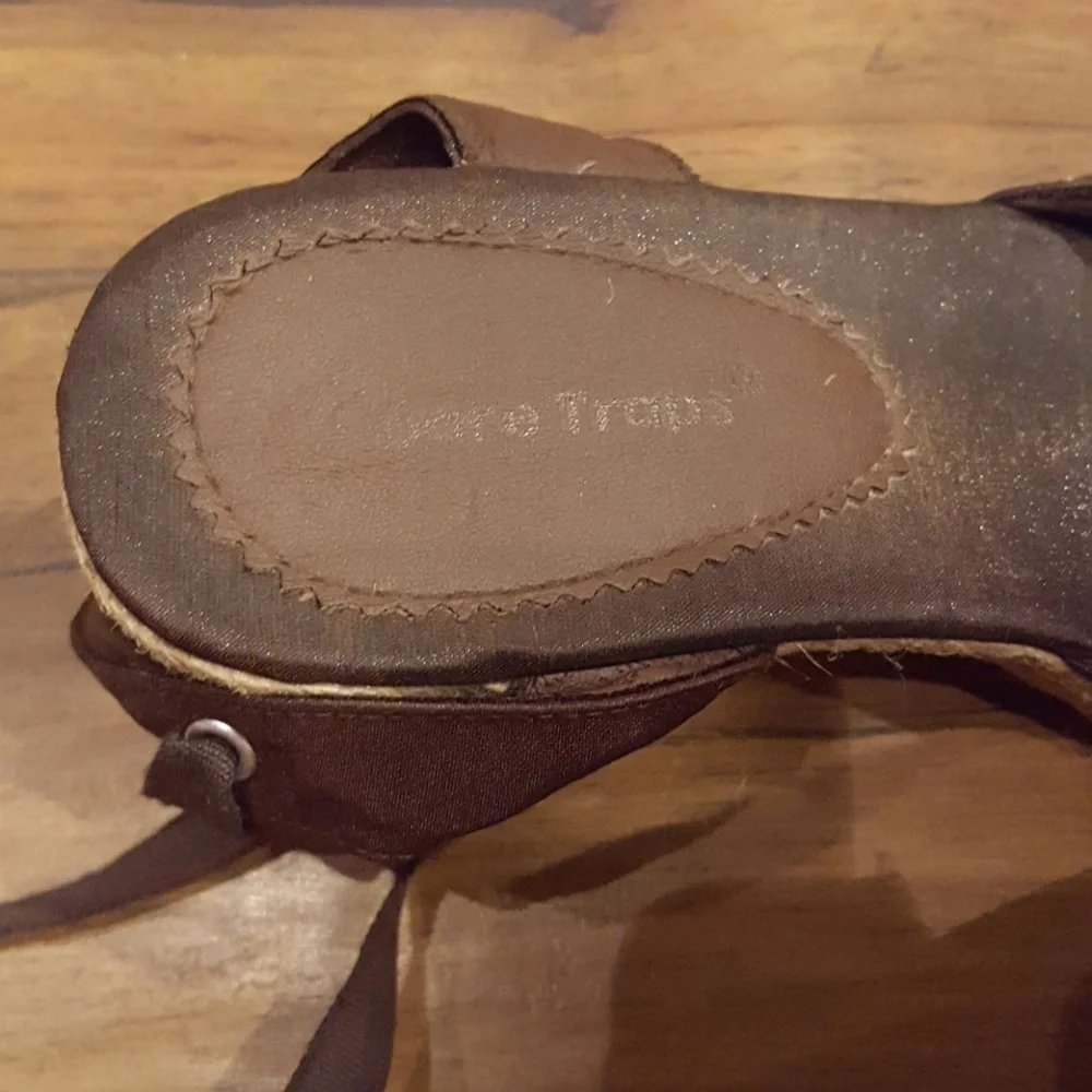 Y2K Beartraps Brown Beaded Satin Ankle‎ Straps Macrame Wedges